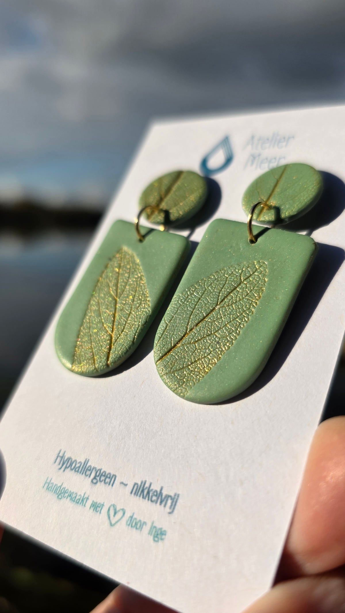 Saliegroene oorbellen met blad in gouddetail | model Tore