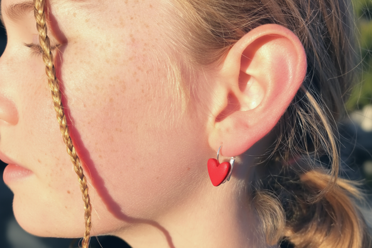 Close-up of a girl wearing a red heart-shaped earring.