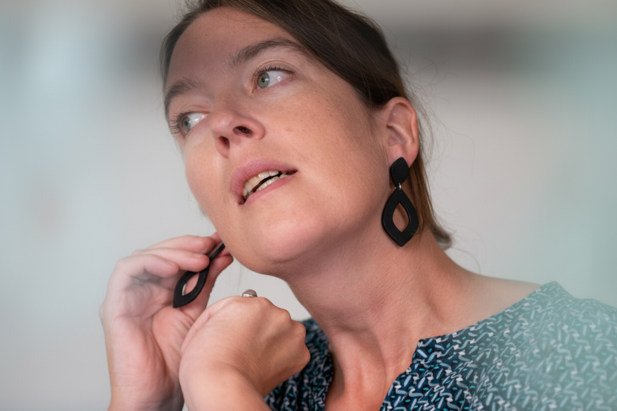 Woman wearing black earrings looking upwards with a neutral expression.