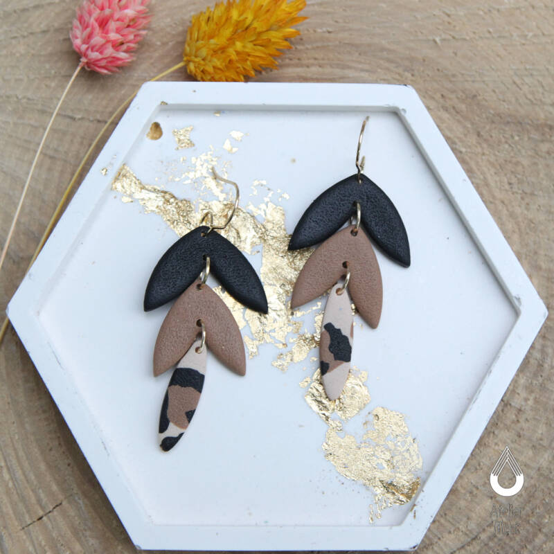 Seline ~ blaadjes oorbellen - Zwart-bruin-leopard