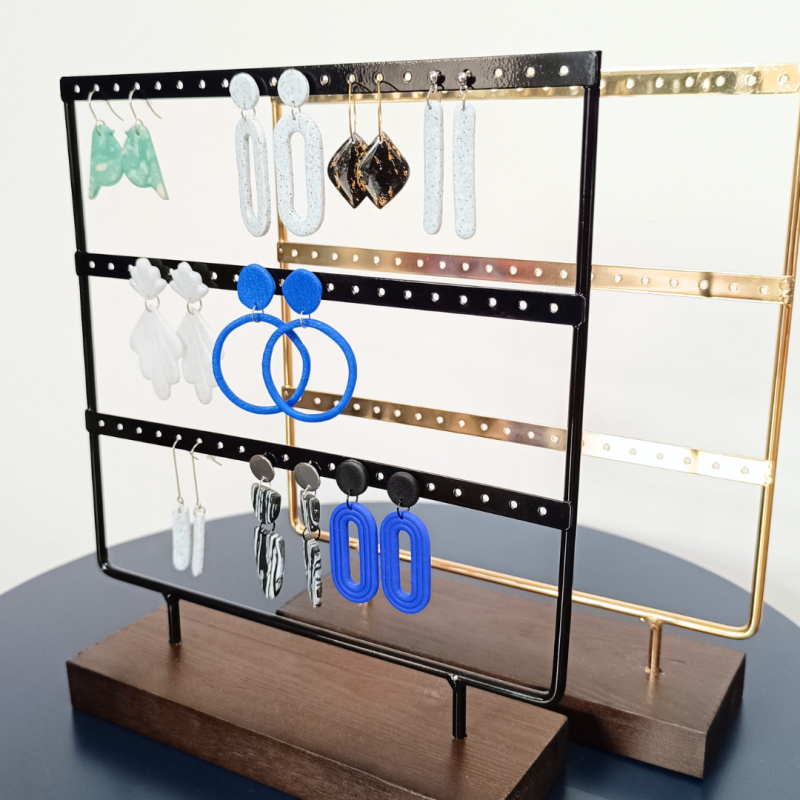 Oorbellen display / rekje in metaal met houten voet - Blank hout / Zwart
