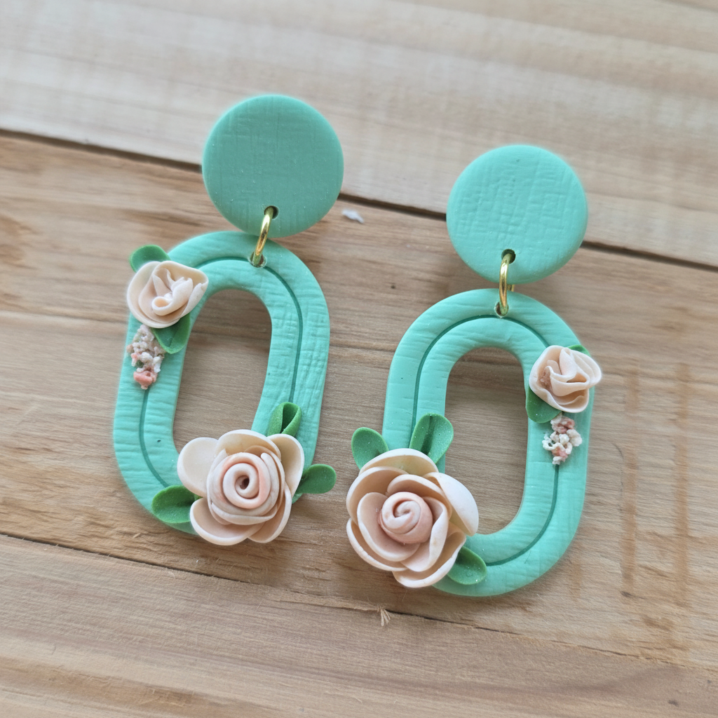 Floral oorbellen pastelgroen ~ model Munk