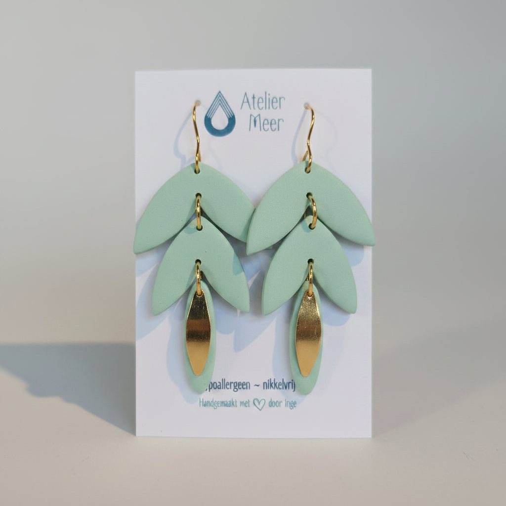 Seline gold ~ mintgroene blaadjes oorbellen met messing
