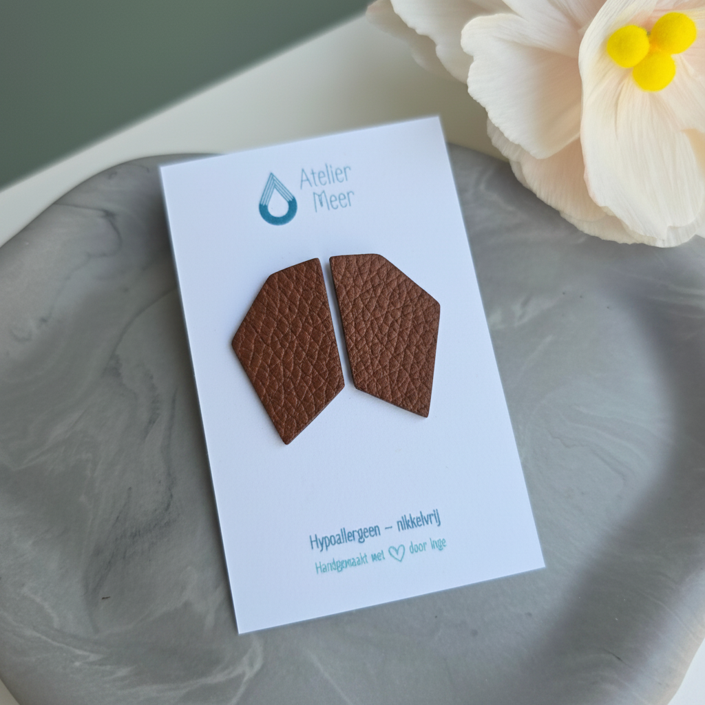 geometrische oorstekers in chcoladebruin en ederlook